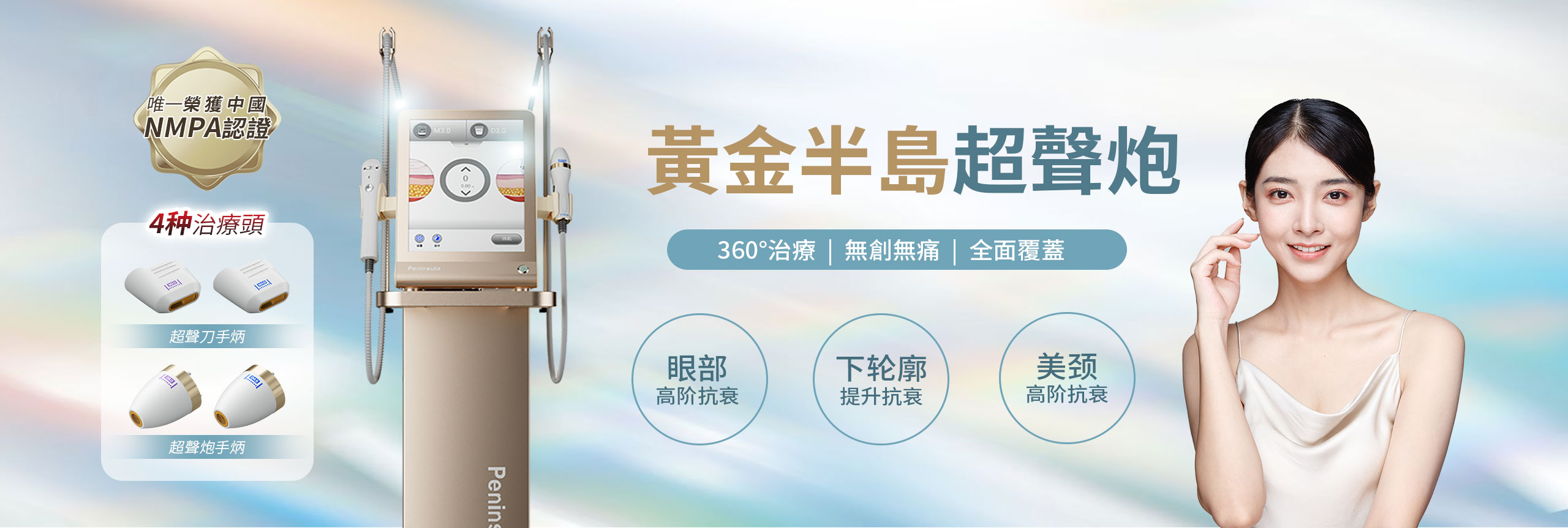 黃金半島超聲炮，唯一榮獲中國NMPA認證，4種治療頭，360°治療、無創無痛、全面覆蓋，眼部、下輪廓、美頸高階抗衰