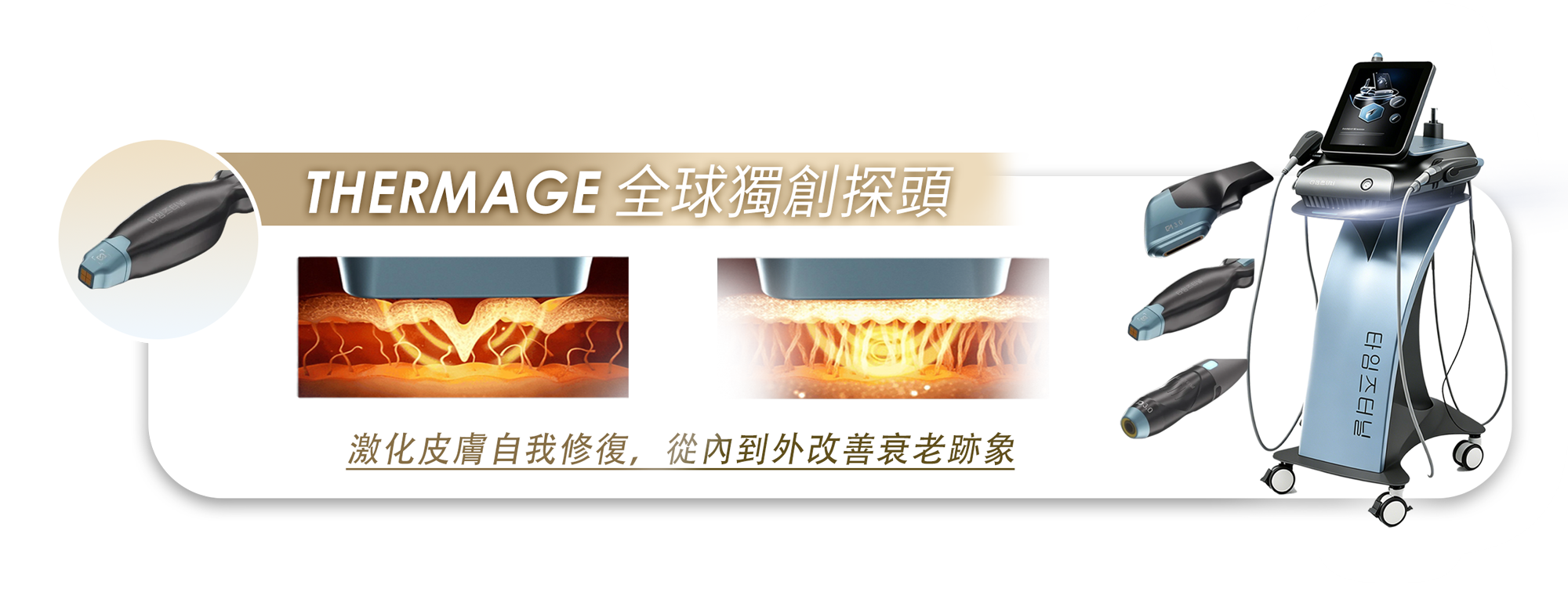Thermage 全球獨創探頭美容儀器及皮膚修復原理示意圖:激化皮膚自我修復,從內到外改善衰老跡象